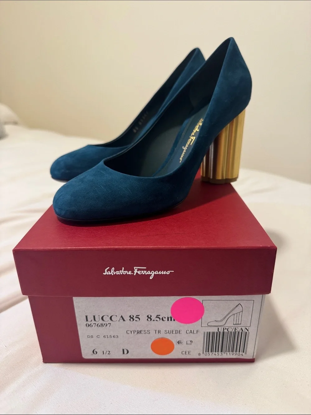 Salvatore Ferragamo Cypress Suede Pumps in Deep Teal with Gold Heel